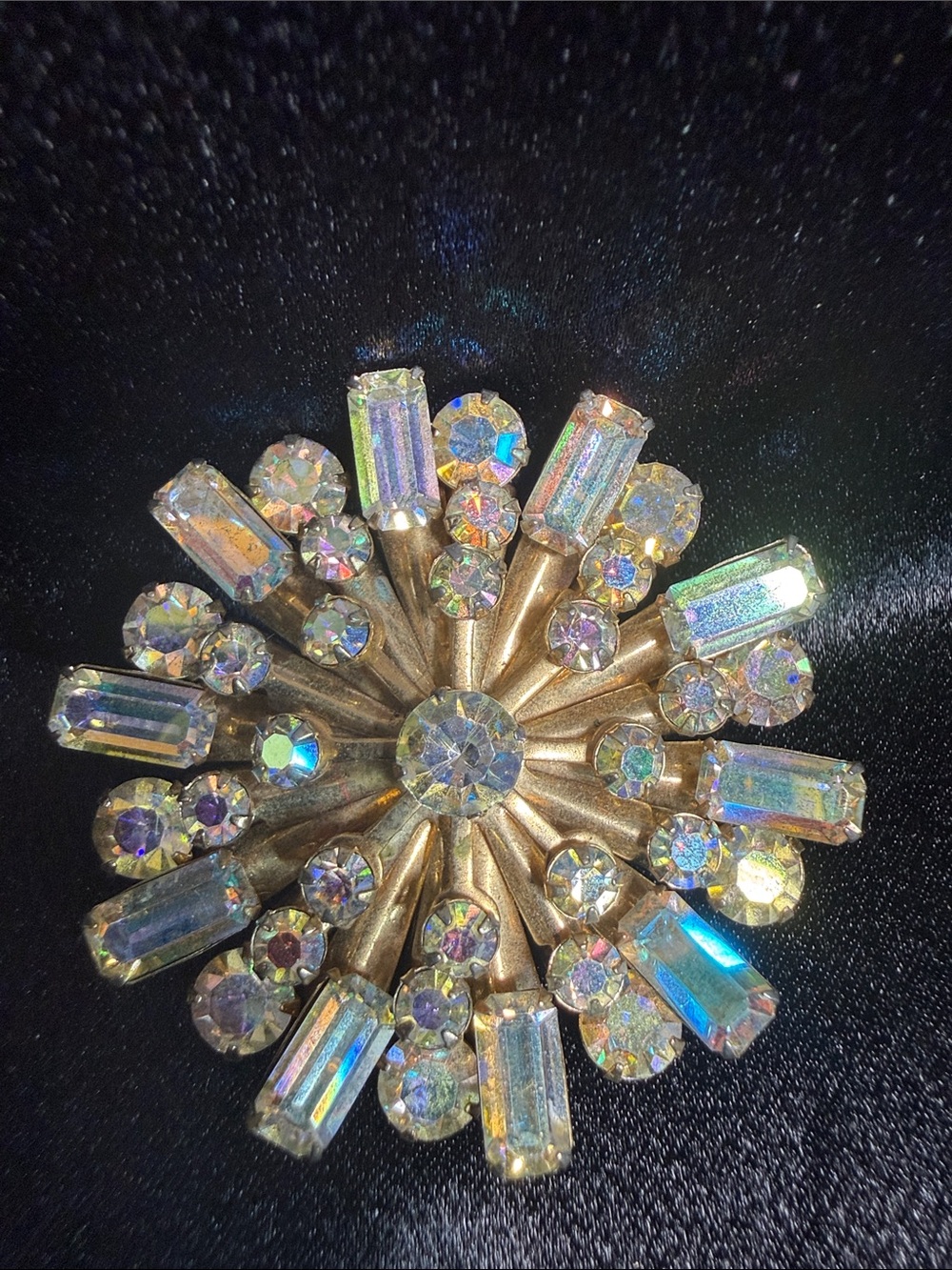 Aurora Crystal Burst Brooch - Gold and Aurora Borealis Rhinestones